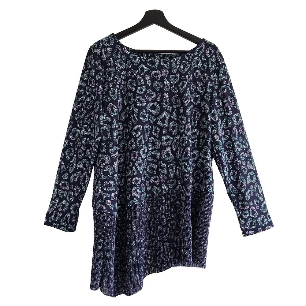 Blue Animal Print Asymmetric Tunic Top LP Petite QVC LS Slinky Casual Travel